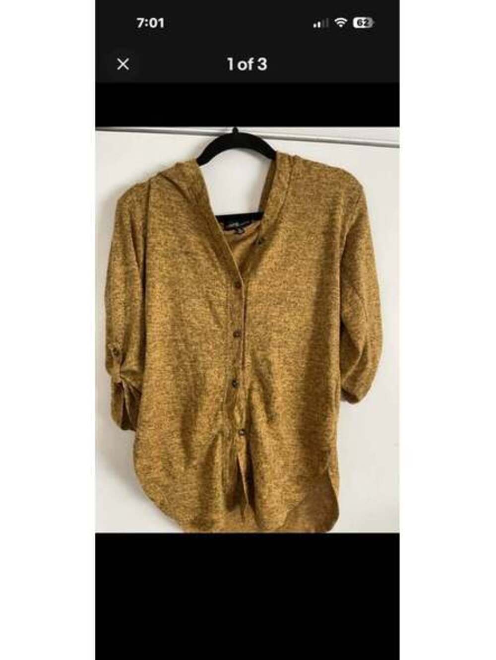 Almost Famous Mustard Yellow Hooded Button Up Shirt Small